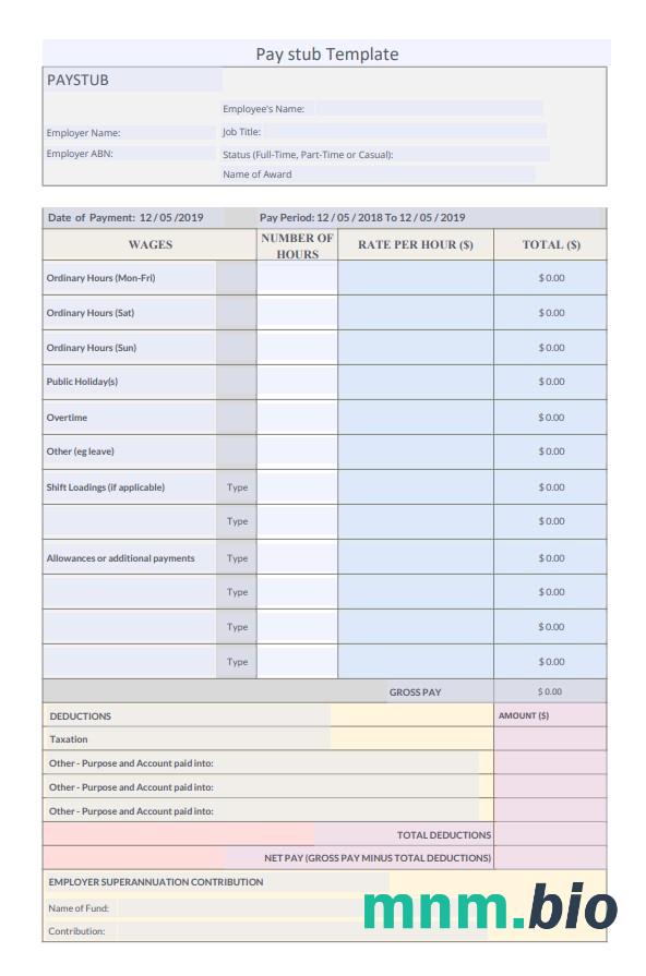 Pracodawca superannuation składka Pay stub szablon